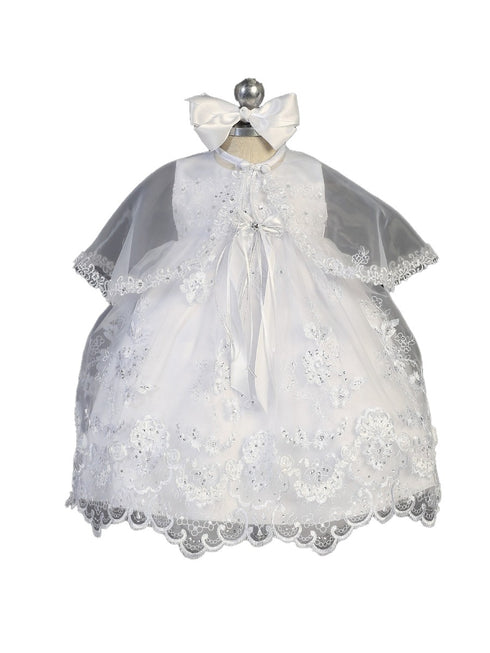 Tip Top Kids Baby Girls White Train Bow Accented Christening Dress NB-24M - SophiasStyle.com